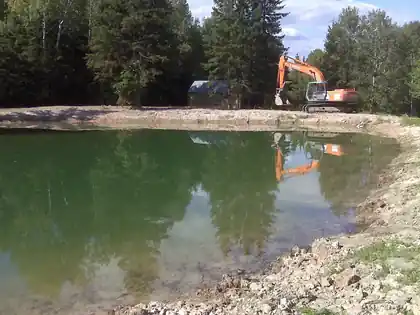 Freshly dug pond basin filling with green water